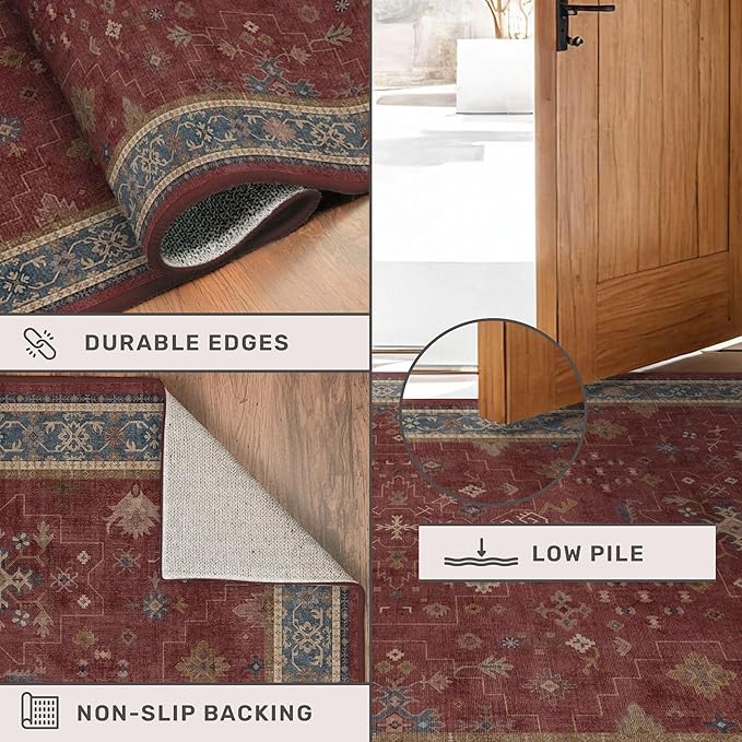 Washable 3x4 Rugs for Entryway - Burgundy Large Kitchen Rug, Non Slip Inside Door Mats for Home Entrance, Unique Bohemian Red Low Pile Thin Carpet for Bedroom Bedside, Foyer