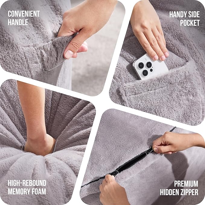 Hobestluk 6ft Bean Bag Chairs for Adults Large Beanbag Chair with Plush Faux Fur Cover Big Bean Bag Chair for Living Room Bedroom Dorm Office - Grey (70" x 70" x 15")