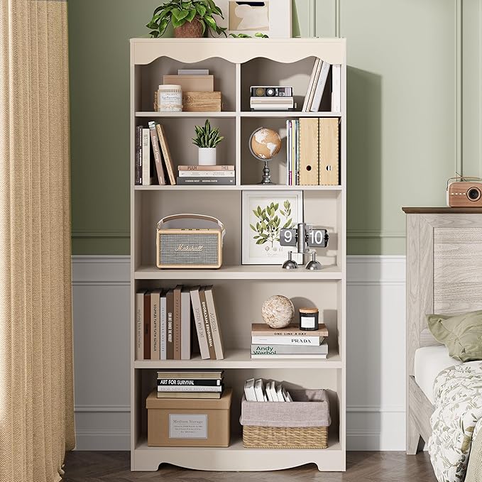 LINSY HOME 5-Shelf Bookcase Wooden, 63" Tall Bookshelf with Storage, Open Floor Standing Cube Shelf Bookcase Libreros, Beige Modern Book Shelf for Bedroom, Living Room, White Oak