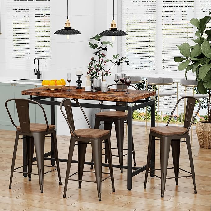 Changjie Furniture 26 Inches Metal Barstools Set of 4 Counter Height Bar Stools Industrial Stools with Backs High Back Chairs for Kitchen Island (26 Inch, Rusty)