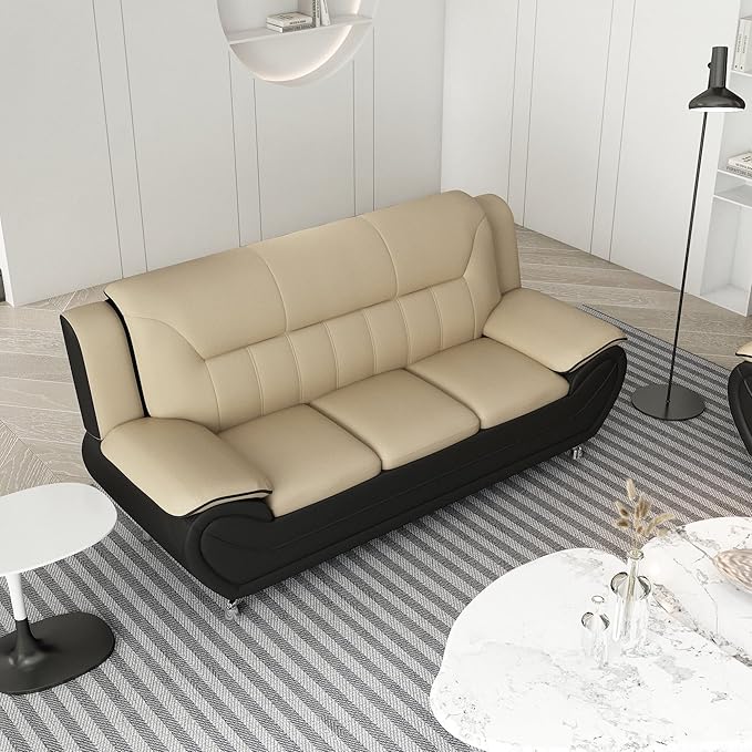 Container Furniture Direct Michael Modern Faux Leather Upholstered Stainless Steel Legs Living Room Sofa, Camel/Black