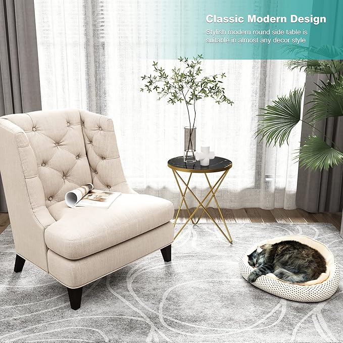 HLR Modern Round Side Table, End Table with Marble Effect Top and Gold Metal Frame, Small Side Table for Living Room, Bedroom, Sofa and Couch, Gold Legs, Black Marble top