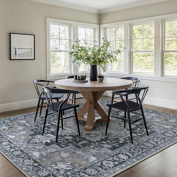 GENIMO 5x7 Area Rugs for Living Room, Machine Washable Non Slip Vintage Rugs, Low Pile Lightweight Chenille Print Rug for Bedroom, Dining Room, Home Office,Dark Gray