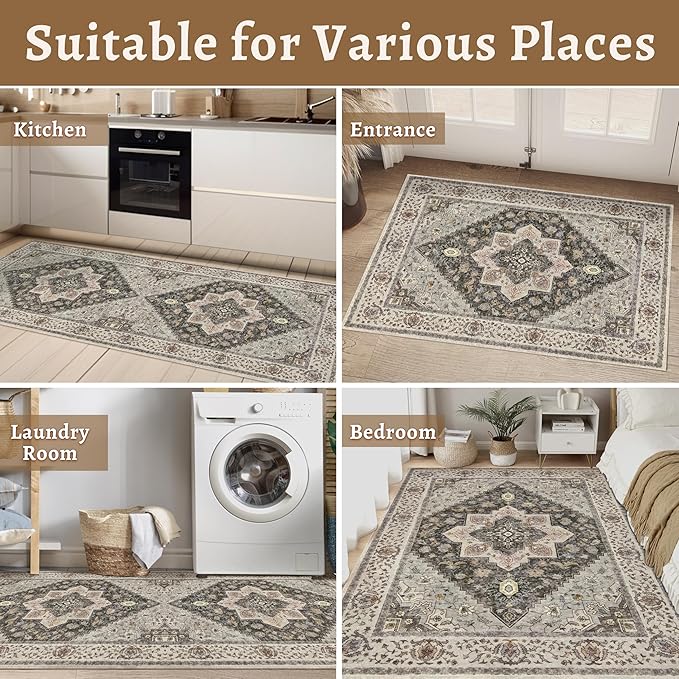 Kitchen Rugs 2x4 Washable Rug for Entryway Vintage Non Slip Small Rugs Front Door Mat Indoor Entrance, Print Distressed Throw Rug Grey Brown Soft Low Pile Rugs Small Carpet for Entry Bedroom Bathroom
