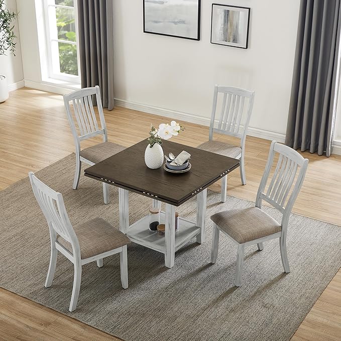 Ball & Cast 5 Pieces Dining Table Set with 4 Chairs and 51" Round Folding Dining Table,Kitchen Table and Chairs for 4 W/Trestle Table Base,for Small Space,Apartment,Dining Room,Brown White
