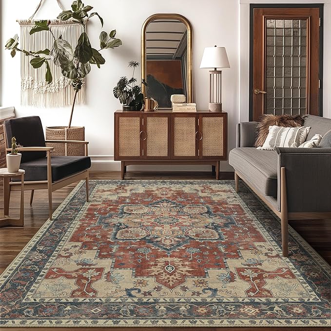 GENIMO 10x14 Area Rugs for Living Room, Machine Washable Non Slip Vintage Rugs, Low Pile Lightweight Chenille Print Rug for Bedroom, Dining Room, Home Office,Bordeaux