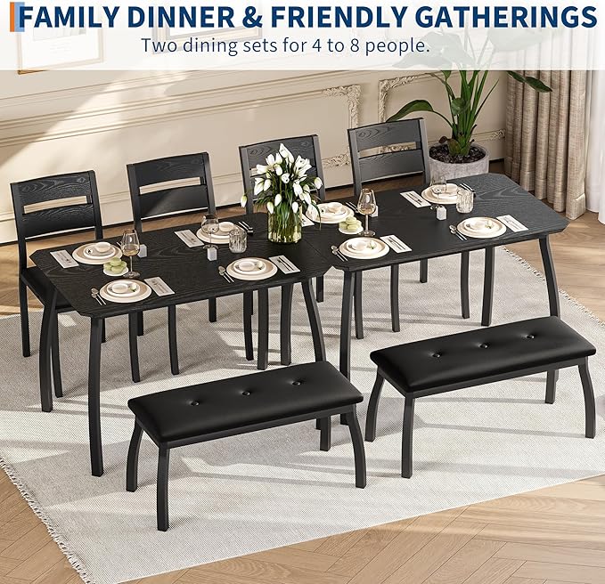 GAOMON Dining Table Set for 4, Wooden Kitchen Table with Upholstered Bench & 2 Cushion Chairs, Space-Saving Dinette Set for Studio, Kitchen, Dining Room, Apartment(43''x28''x30''), Black