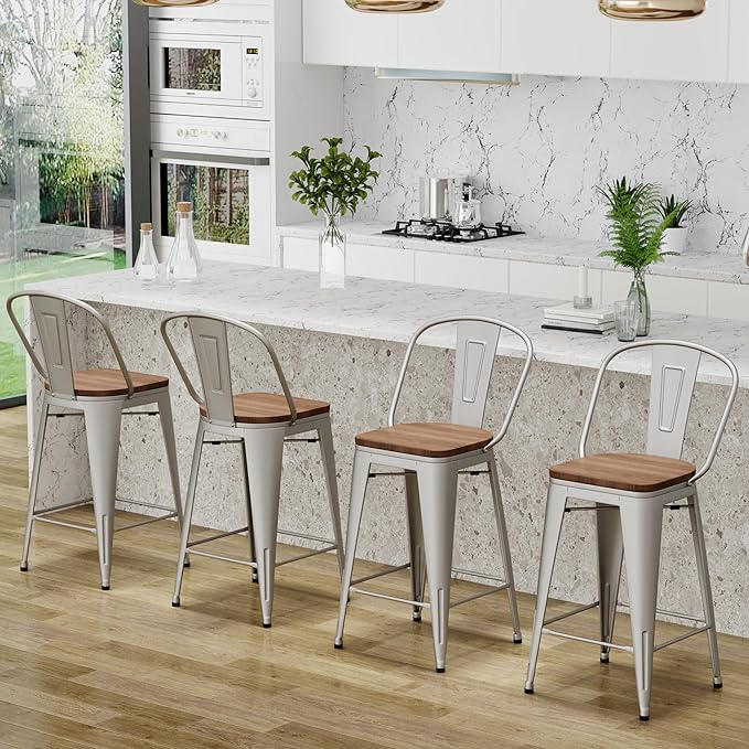 Changjie Furniture 30 Inches Metal Barstools Set of 4 Counter Height Bar Stools Industrial Stools with Backs High Back Chairs for Kitchen Island (30 Inch, Silver)