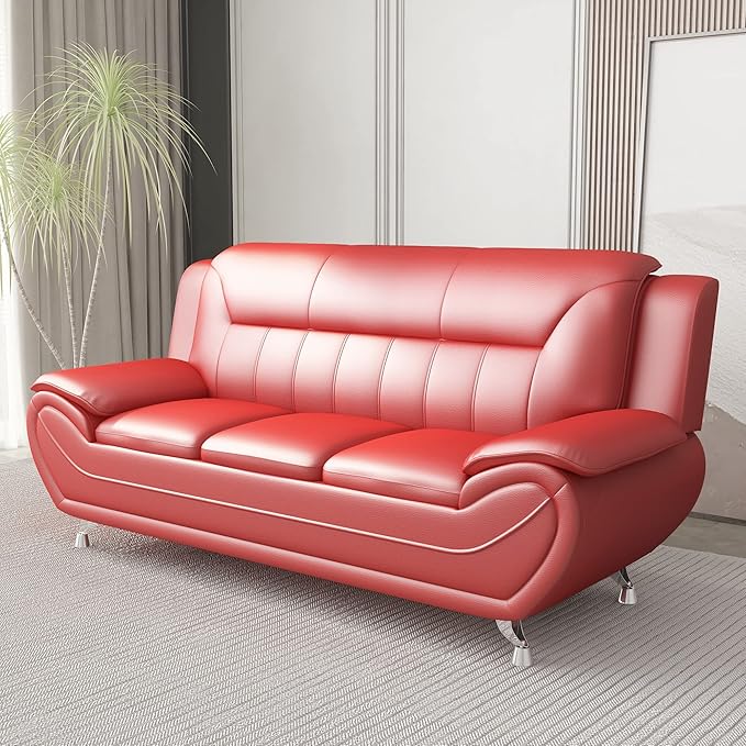 Container Furniture Direct Michael Modern Faux Leather Upholstered Stainless Steel Legs Living Room Sofa, Loveseat, Red