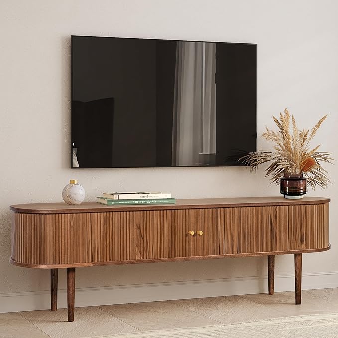 WERMO 71’’ TV Stand with Storage and Shelves for 65-75 inch TV. Wood Entertainment Center with Doors for Living Room and Bedroom, Mid Century Modern Console Table, Television Stand (Walnut)