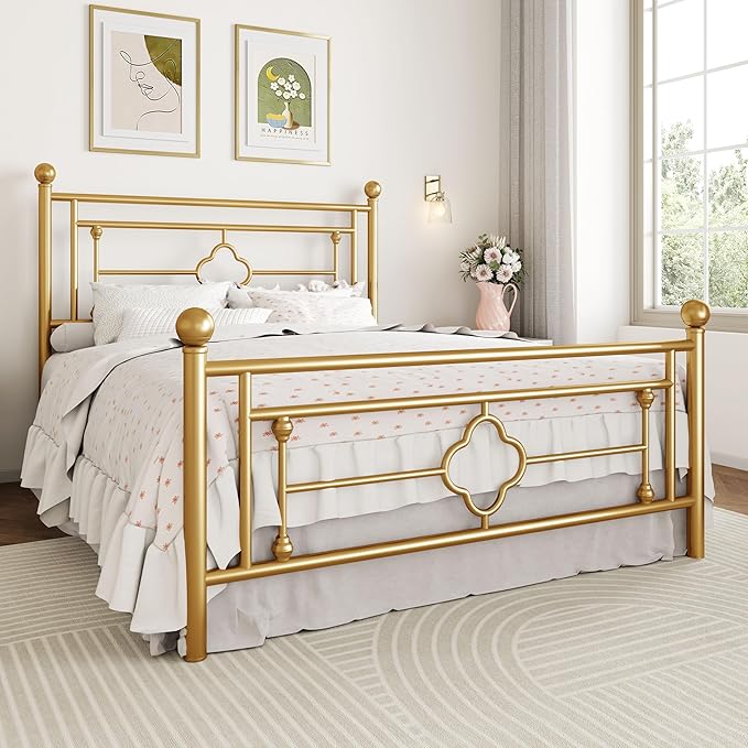 SHA CERLIN 14 Inches Full Size Metal Platform Bed Frame/Vintage Iron-Art Headboard and Footboard/Mattress Foundation for Storage/No Box Spring Needed/Noise-Free/Easy Assembly/Gold