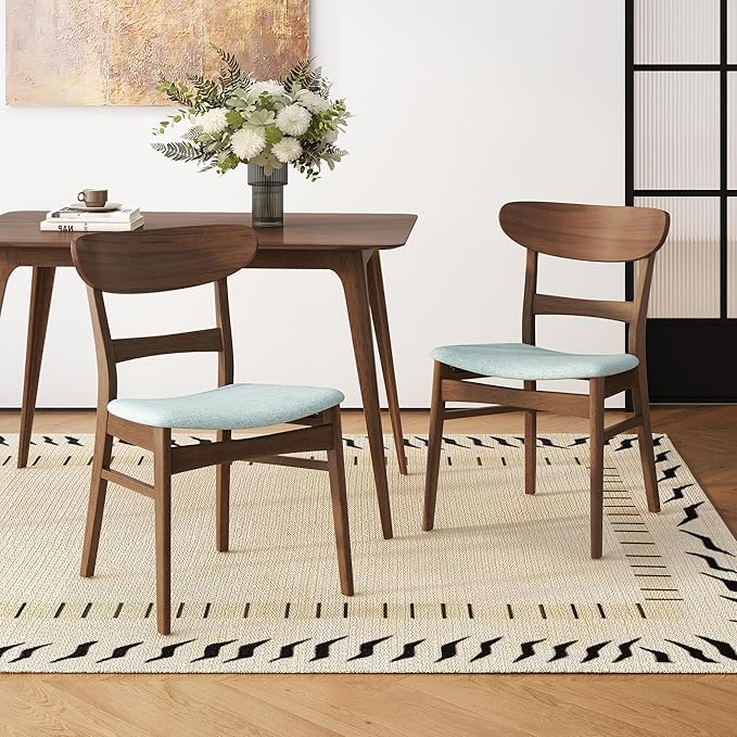 Set of 2 Solid Wood Dining Chairs, Fabric Upholstered Seat Mid-Century Modern Kitchen Furniture for Living Room, Mint+Walnut