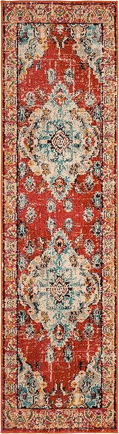 SAFAVIEH Monaco Collection Runner Rug - 2'2" x 20', Orange & Light Blue, Boho Chic Medallion Distressed Design, Non-Shedding & Easy Care, Ideal for High Traffic Areas in Living Room, Bedroom (MNC243H)