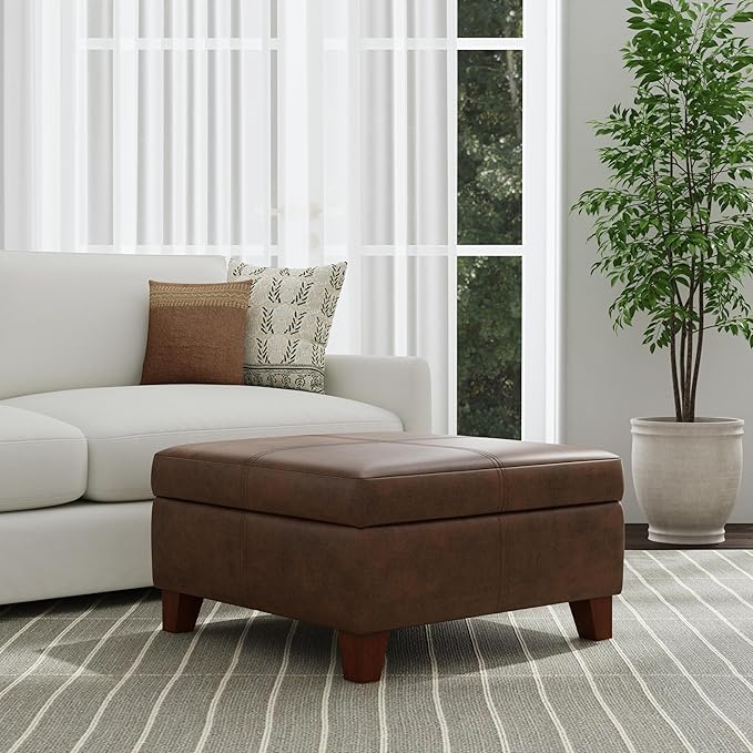 HomePop Home Decor |K2380-E910 | Luxury Large Faux Leather Square Storage Ottoman | Ottoman with Storage for Living Room & Bedroom, Brown Faux Leather