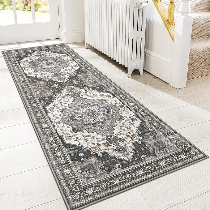 GENIMO 2X6 Hallway Runner Rug, Machine Washable Non Slip Vintage Floral Patchwork Runners, Thin Low Pile Chenille Carpet Runners for Entryway, Kitchen, Bathroom, Bedroom, Slate Gray