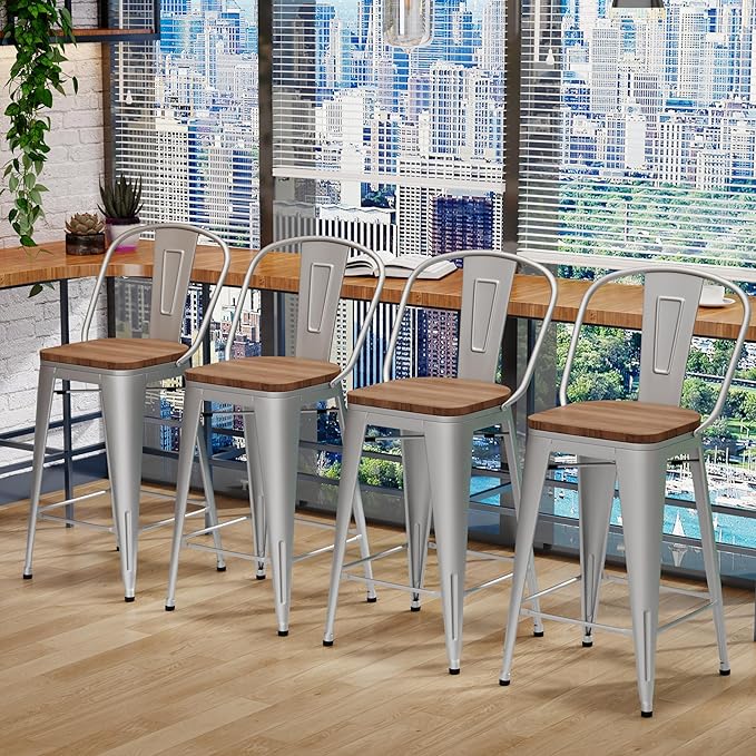 Changjie Furniture 26 Inches Metal Barstools Set of 4 Counter Height Bar Stools Industrial Stools with Backs High Back Chairs for Kitchen Island (26 Inch,Silver)