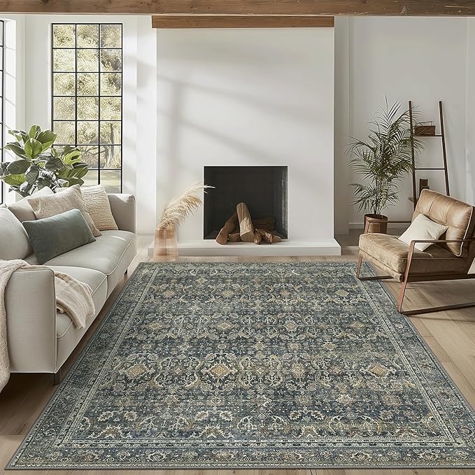 2X10 Area Rugs Machine Washable Rugs for Living Room, Vintage Boho Large Rugs for Bedroom Dining Room, Non Slip Indoor Soft Distressed Lightweight Thin Low Pile Carpet, Deep