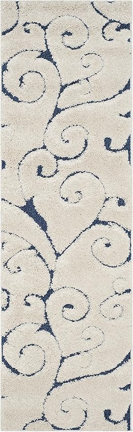 SAFAVIEH Florida Shag Collection Runner Rug - 2'3" x 9', Cream & Blue, Scroll Design, Non-Shedding & Easy Care, 1.2-inch Thick Ideal for High Traffic Areas in Living Room, Bedroom (SG455-1165)