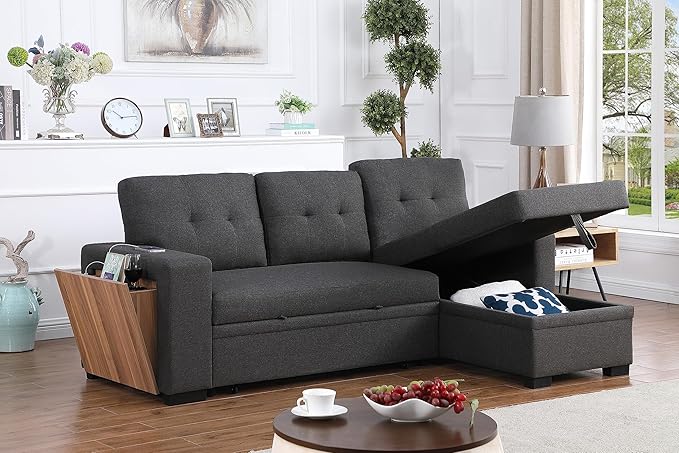 Devion Furniture Garisa 4-in-1 Convertible L Shaped Couch with Pull Out Bed and Storage, Sectional Sleeper Sofa with Reversible Chaise for Living Room, Apartment, Bedroom, Office