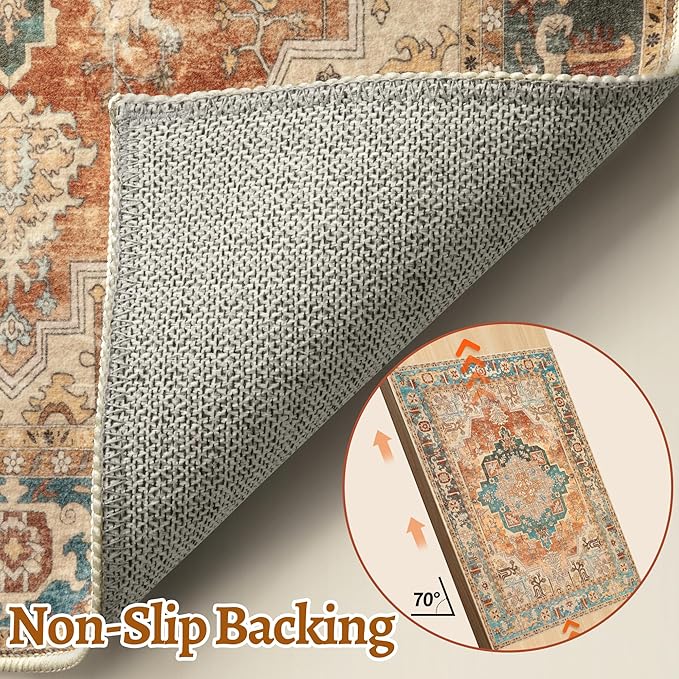 Tangsoo 4x6 Washable Rug Vintage Non Slip Indoor, Distressed Carpet for Living Room, Dining Room, Soft Low Pile Rugs Foldable Floor for Bedroom Dorm Bedside Bathroom Rusty Orange