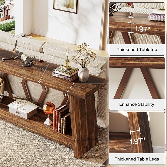 Tribesigns 70.86-Inch Farmhouse Console Table, Industrial Narrow Long Sofa Entryway Table with Storage, 2-Tier Wood Couch Foyer Accent Table for Living Room, Hallway, Entrance (Brown)