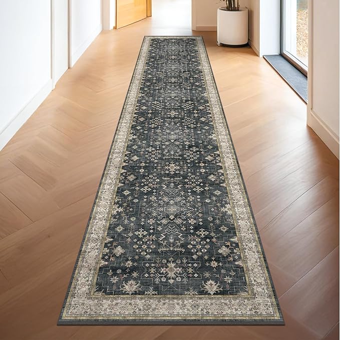 Black Boho Washable 3x20 Extra Long Runner Rug for Hallway, Waterproof Large Kitchen Floor Rug, Non-Slip Stain & Fade Resistant, Vintage Floral Decor