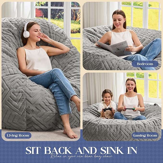 Hobestluk Bean Bag Chairs Adults Beanbag Chair with Filler Large Bean Bags with Fluffy Embossed Cover, Giant Bean Bag Chairs for Adults (Grey, 6FT - 70" x 70" x 15")