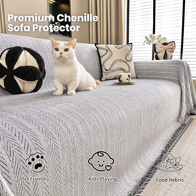 Nobildonna Sofa Cover Washable Soft Thicken Chenille Couch Cover with Tassel,Waterproof Sofa Slipcovers for 2 Cushion Couch,Loveseat,Futon Couch Furniture Protector Pet-Friendly,Gray 71"x102"