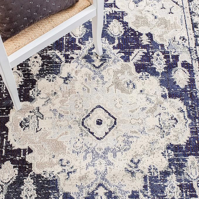 SAFAVIEH Monaco Collection Area Rug - 8' x 10', Ivory & Navy, Boho Chic Medallion Distressed Design, Non-Shedding & Easy Care, Ideal for High Traffic Areas in Living Room, Bedroom (MNC243C)