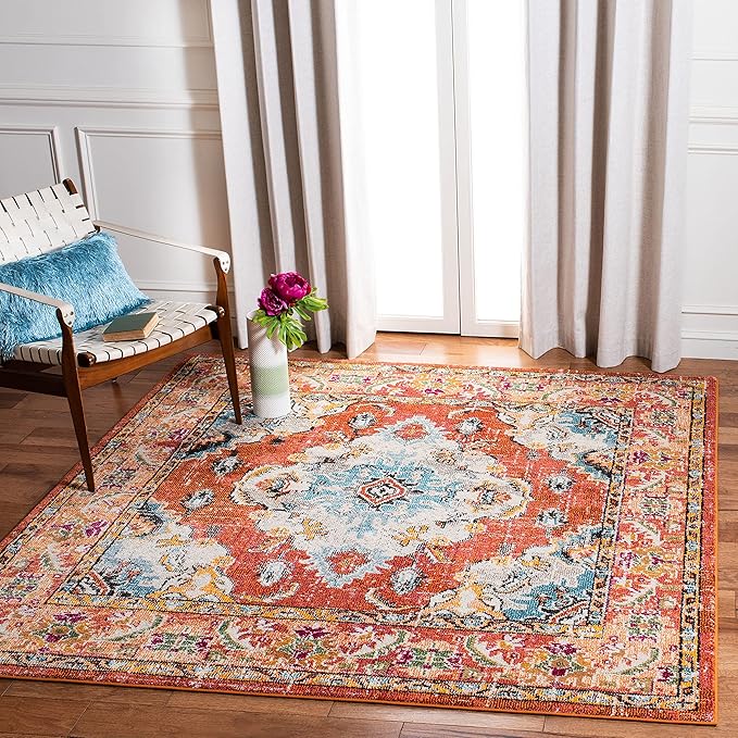 SAFAVIEH Monaco Collection Area Rug - 11' Square, Orange & Light Blue, Boho Chic Medallion Distressed Design, Non-Shedding & Easy Care, Ideal for High Traffic Areas in Living Room, Bedroom (MNC243H)