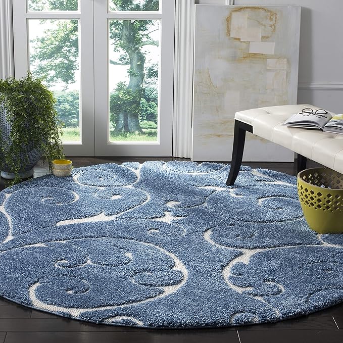SAFAVIEH Florida Shag Collection Area Rug - 9' Round, Light Blue & Cream, Scroll Design, Non-Shedding & Easy Care, 1.2-inch Thick Ideal for High Traffic Areas in Living Room, Bedroom (SG455-6011)