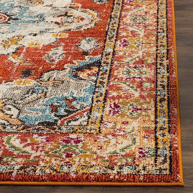 SAFAVIEH Monaco Collection Area Rug - 3' Square, Orange & Light Blue, Boho Chic Medallion Distressed Design, Non-Shedding & Easy Care, Ideal for High Traffic Areas in Living Room, Bedroom (MNC243H)