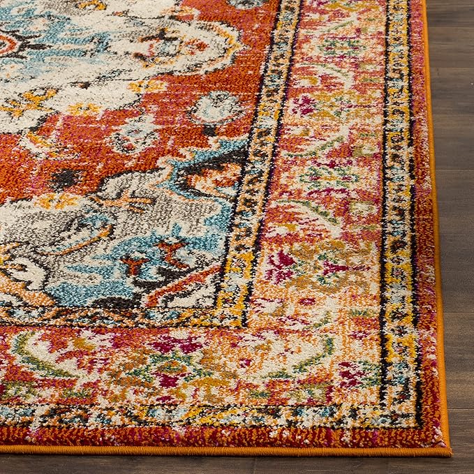 SAFAVIEH Monaco Collection Area Rug - 8'8" Square, Orange & Light Blue, Boho Chic Medallion Distressed Design, Non-Shedding & Easy Care, Ideal for High Traffic Areas in Living Room, Bedroom (MNC243H)