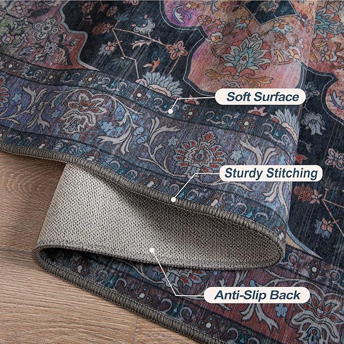 Tangsoo 8x10 Area Rug for Living Room, Washable Vintage Rug Indoor Non Slip Large Area Rugs, Print Distressed Navy/Multi Carpet, Soft Low Pile Rug Foldable for Bedroom Dining Room Dorm