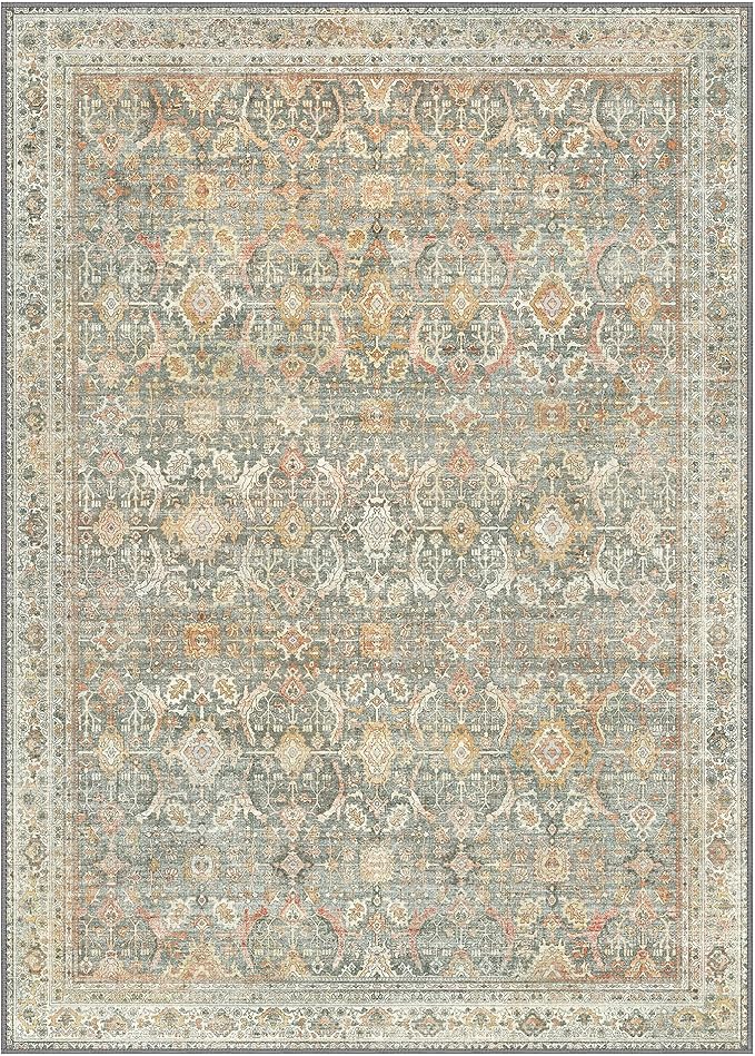 6X9 Area Rugs Machine Washable Rugs for Living Room, Vintage Boho Large Rugs for Bedroom Dining Room, Non Slip Indoor Soft Distressed Lightweight Thin Low Pile Carpet, Turmeric