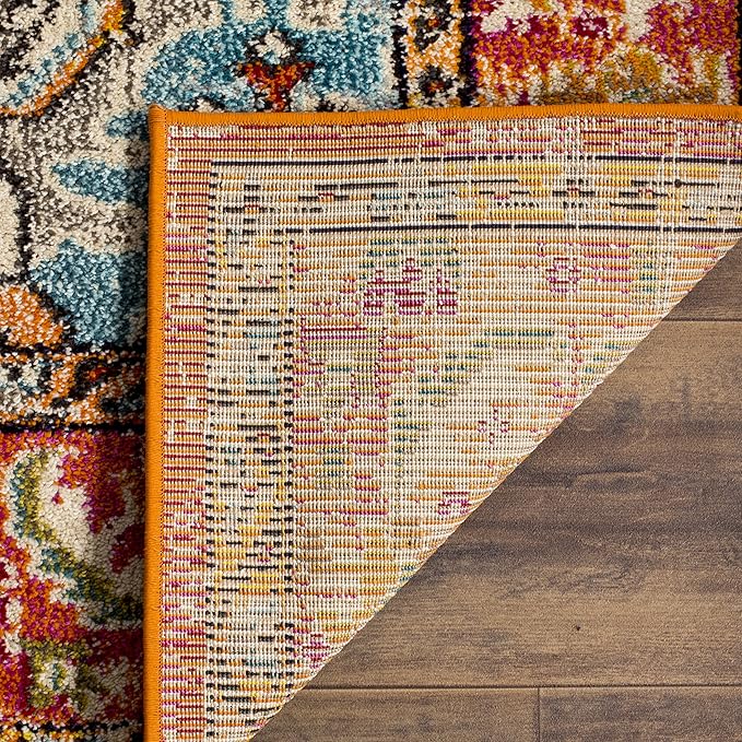 SAFAVIEH Monaco Collection Area Rug - 6'7" Square, Orange & Light Blue, Boho Chic Medallion Distressed Design, Non-Shedding & Easy Care, Ideal for High Traffic Areas in Living Room, Bedroom (MNC243H)