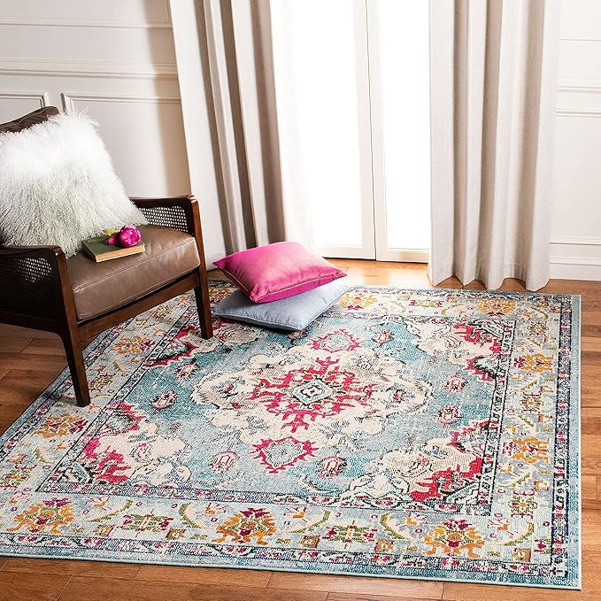 SAFAVIEH Monaco Collection Area Rug - 5' Square, Light Blue & Fuchsia, Boho Chic Medallion Distressed Design, Non-Shedding & Easy Care, Ideal for High Traffic Areas in Living Room, Bedroom (MNC243J)