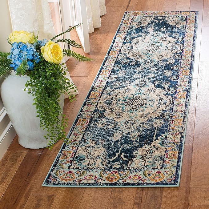 SAFAVIEH Monaco Collection Runner Rug - 2'2" x 20', Navy & Light Blue, Boho Chic Medallion Distressed Design, Non-Shedding & Easy Care, Ideal for High Traffic Areas in Living Room, Bedroom (MNC243N)