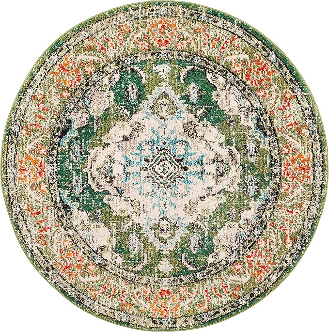 SAFAVIEH Monaco Collection Area Rug - 11' Round, Forest Green & Light Blue, Medallion Distressed Design, Non-Shedding & Easy Care, Ideal for High Traffic Areas in Living Room, Bedroom (MNC243F)
