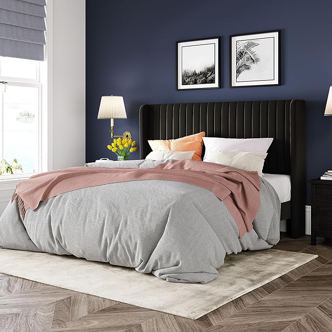 Allewie Queen Size Velvet Bed Frame/Vertical Channel Tufted Wingback Headboard/Upholstered Platform Bed/Strong Wooden Slats/No Box Spring Needed/Easy Assembly/Black