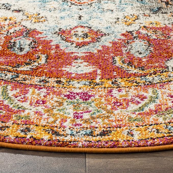 SAFAVIEH Monaco Collection Area Rug - 4' Round, Orange & Light Blue, Boho Chic Medallion Distressed Design, Non-Shedding & Easy Care, Ideal for High Traffic Areas in Living Room, Bedroom (MNC243H)