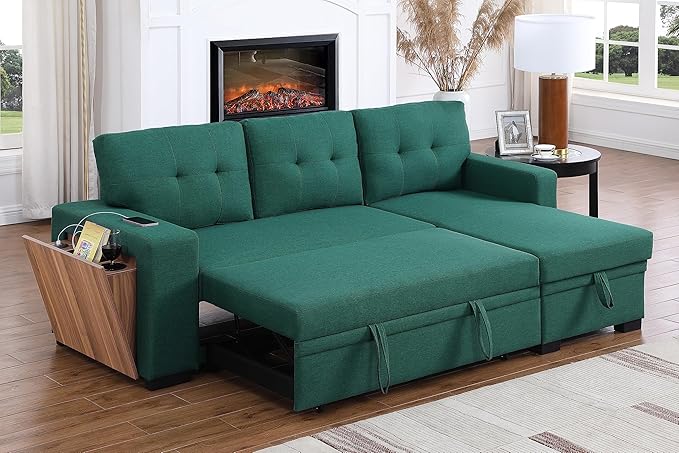 Ball & Cast Sectional Sleeper Sofa Bed,L-Shape Pull Out Couch,4 in 1 Pull-Out Sofabed W/Reversible Storage Chaise,USB Ports & Cup Holder,Convertible Sleeper Corner Couch W/Pull Out Bed,for Living Room