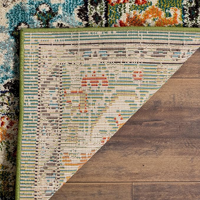 SAFAVIEH Monaco Collection Area Rug - 6'7" Square, Forest Green & Light Blue, Medallion Distressed Design, Non-Shedding & Easy Care, Ideal for High Traffic Areas in Living Room, Bedroom (MNC243F)