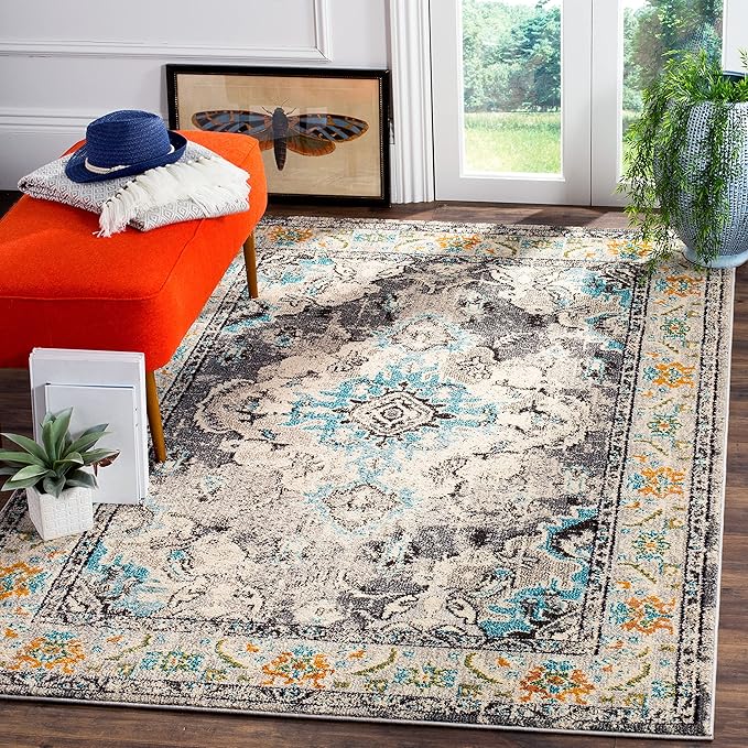 SAFAVIEH Monaco Collection Accent Rug - 4' x 5'7", Grey & Light Blue, Medallion Distressed Design, Non-Shedding & Easy Care, Ideal for High Traffic Areas in Entryway, Living Room, Bedroom (MNC243G)