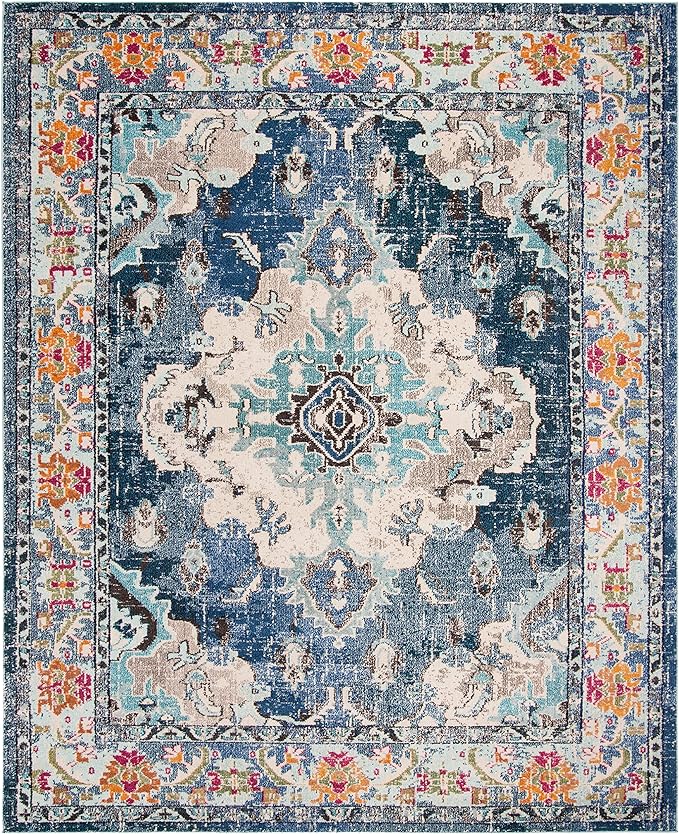 SAFAVIEH Monaco Collection X-Large Area Rug - 12' x 18', Navy & Light Blue, Medallion Distressed Design, Non-Shedding & Easy Care, Ideal for High Traffic Areas in Living Room, Bedroom (MNC243N)