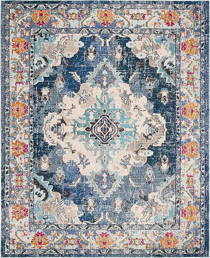 SAFAVIEH Monaco Collection Area Rug - 8' x 10', Navy & Light Blue, Boho Chic Medallion Distressed Design, Non-Shedding & Easy Care, Ideal for High Traffic Areas in Living Room, Bedroom (MNC243N)