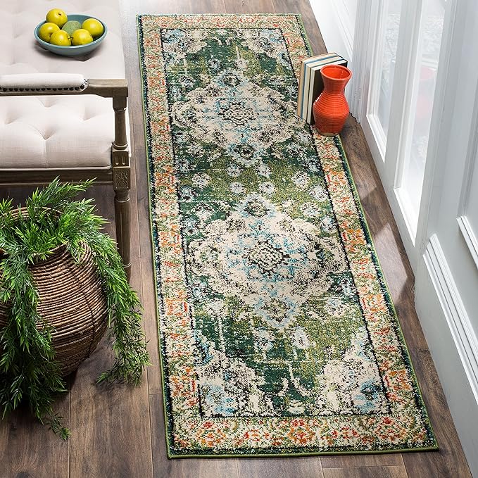 SAFAVIEH Monaco Collection Runner Rug - 2'2" x 16', Forest Green & Light Blue, Medallion Distressed Design, Non-Shedding & Easy Care, Ideal for High Traffic Areas in Living Room, Bedroom (MNC243F)