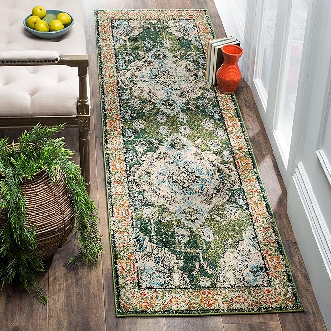 SAFAVIEH Monaco Collection Runner Rug - 2'2" x 12', Forest Green & Light Blue, Medallion Distressed Design, Non-Shedding & Easy Care, Ideal for High Traffic Areas in Living Room, Bedroom (MNC243F)