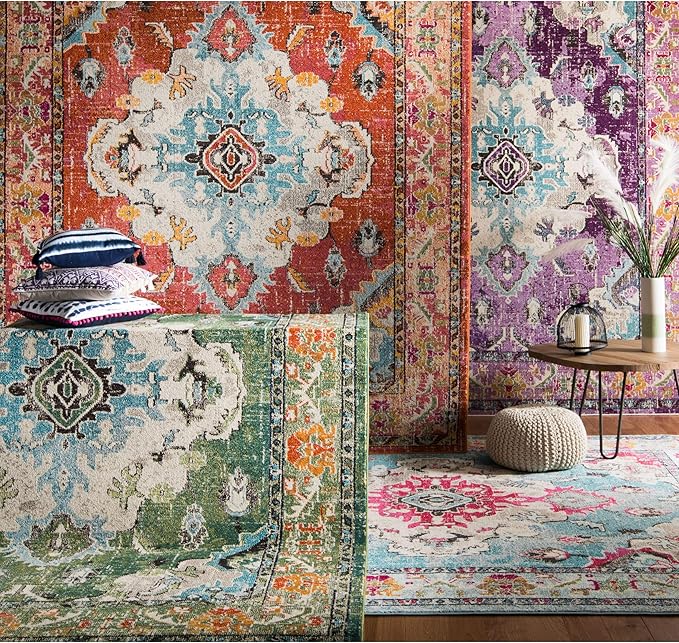 SAFAVIEH Monaco Collection X-Large Area Rug - 11' x 15', Orange & Light Blue, Medallion Distressed Design, Non-Shedding & Easy Care, Ideal for High Traffic Areas in Living Room, Bedroom (MNC243H)