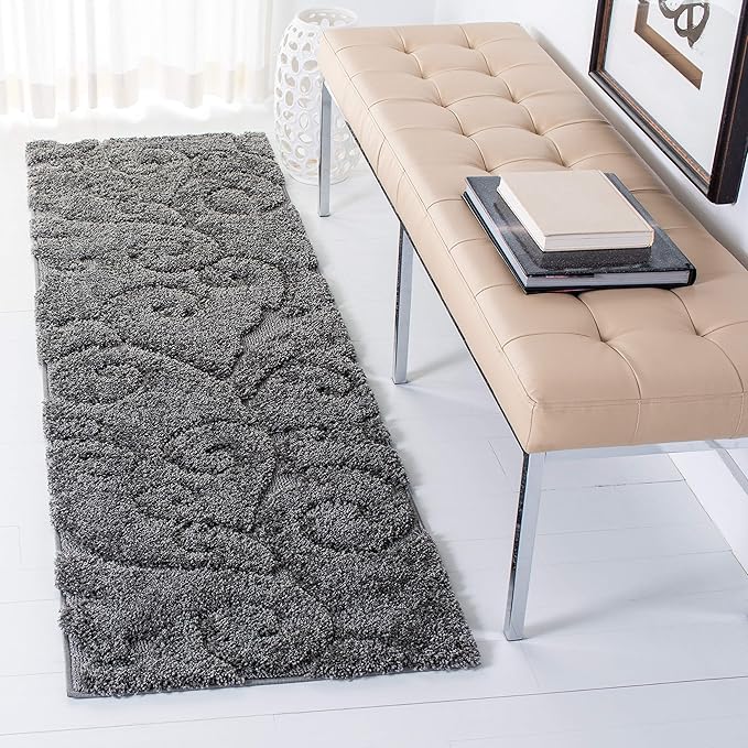SAFAVIEH Florida Shag Collection Runner Rug - 2'3" x 13', Grey, Scroll Design, Non-Shedding & Easy Care, 1.2-inch Thick Ideal for High Traffic Areas in Living Room, Bedroom (SG455-8013)
